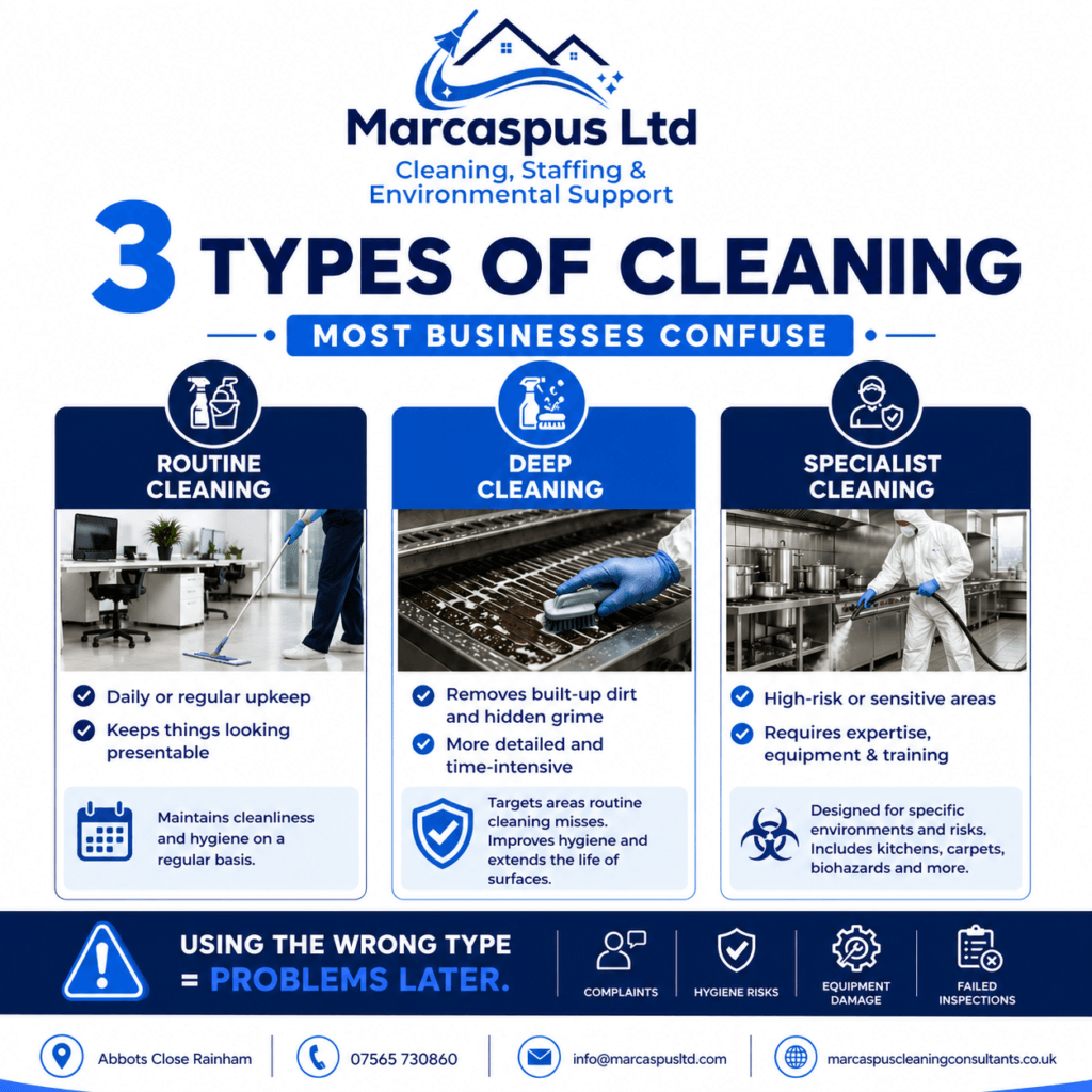 Marcaspus Ltd infographic showing “3 Types of Cleaning Most Businesses Confuse” including routine cleaning, deep cleaning, and specialist cleaning, with explanations, icons, and benefits, highlighting risks of using the wrong cleaning method such as hygiene issues and equipment damage.
